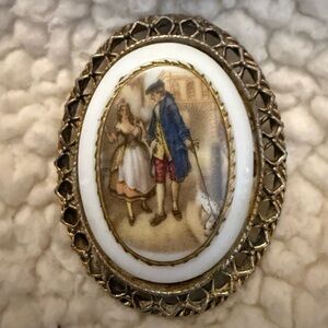 Vintage Oval Brooch with Romantic Scene